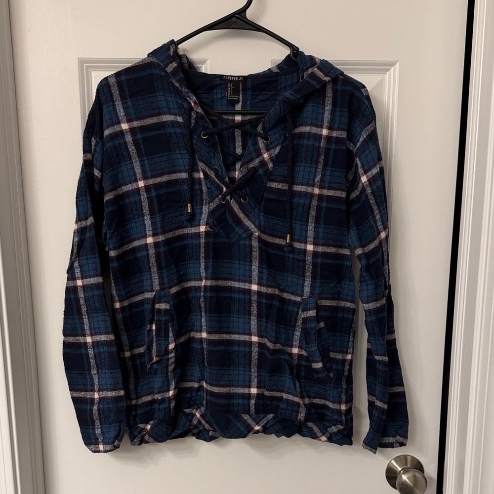 Forever 21 Navy and Burgundy Hooded Plaid Shirt